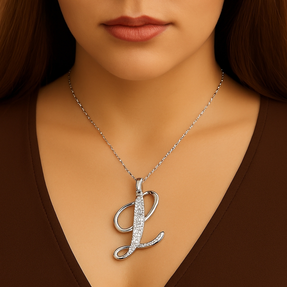Women’s Silver-Tone Initial “L” Necklace with Crystal Accent - Fashion Jewelry